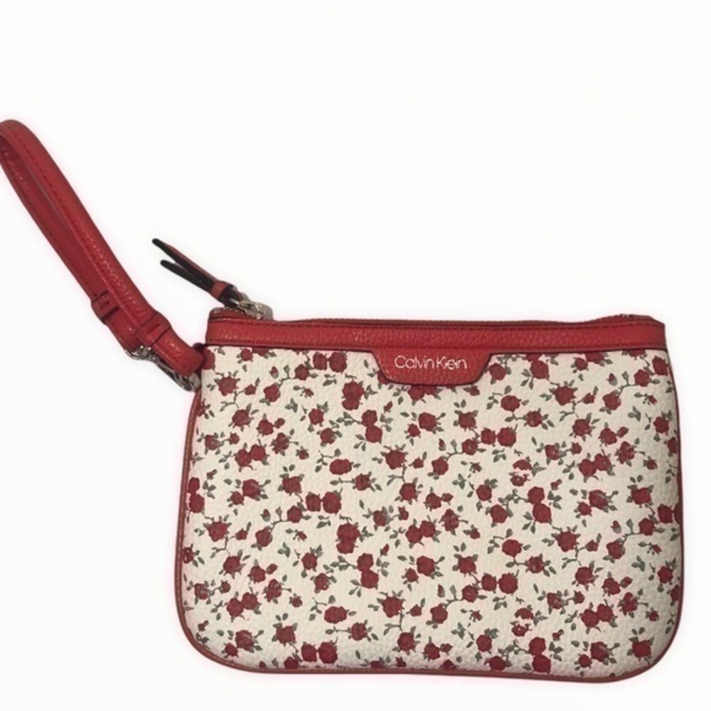 Calvin Klein red white rose wristlet bag